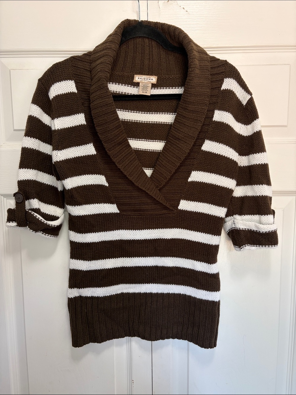 Arizona Jean Company Brown and White Striped Shawl Collar Sweater
